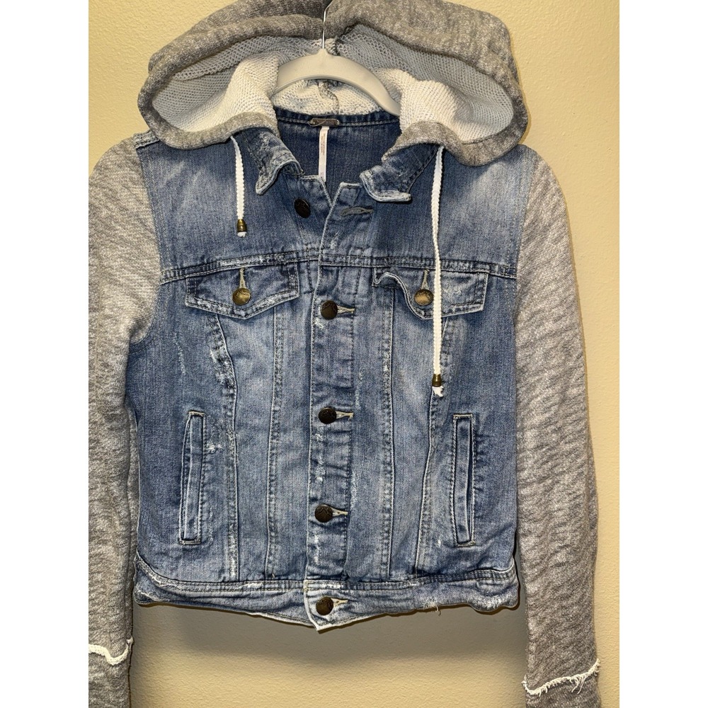Free People Jean Jacket Womens XS Drawstring Hooded Trucker Sweatshirt - Picture 2 of 8